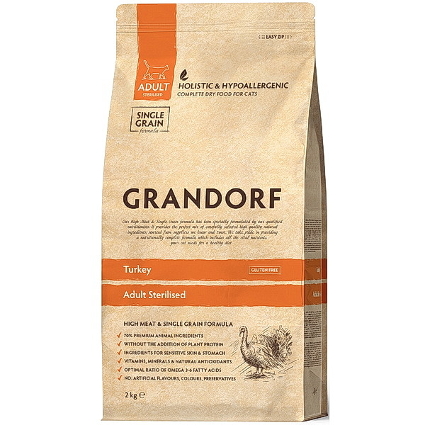Grandorf д/кошек 2кг сухой корм индейка,рис Sterilised