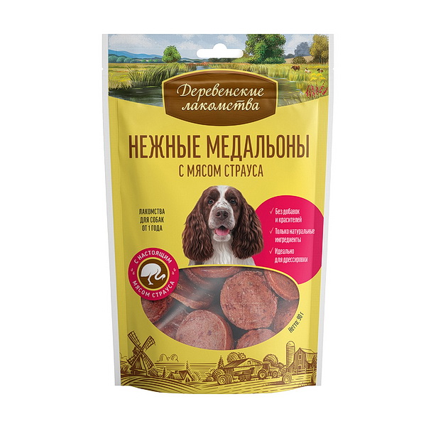Деревенские лакомства д/соб. Нежные медальоны с мясом страуса, 90г