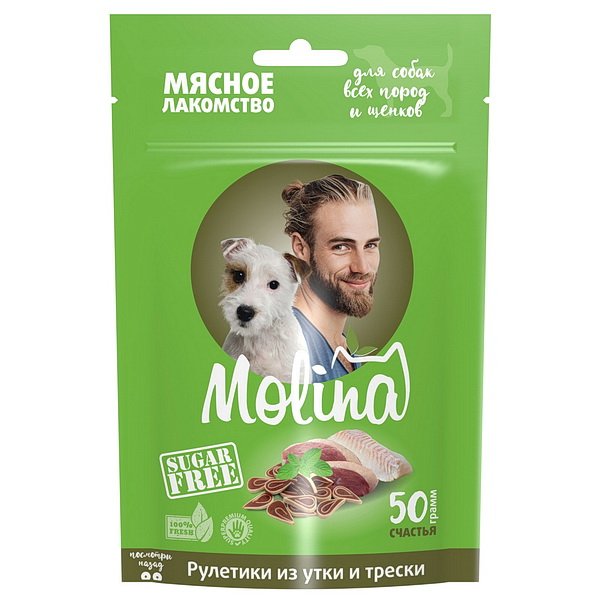 Molina д/собак всех пород и щенков 50г Рулетики из утки и трески