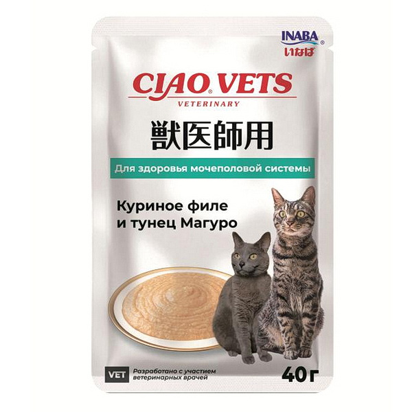 Диетический влажный корм CIAO VETS для кошек для здоровья мочеполовой системы Куриное филе и тунец Магуро, 40г
