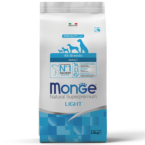 Monge д/собак 2,5кг сухой корм лосось,рис низкокалорийный