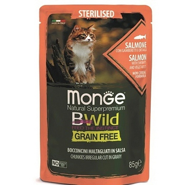 Monge BWild д/кошек 85г влажный корм д/стерилизованных лосось,креветки,овощи пауч