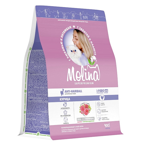 MOLINA, Сух корм с кур для взр.кошек, Вывод шерсти. CAT ANTI-HAIRBALL. CHICKEN, 0.4 кг