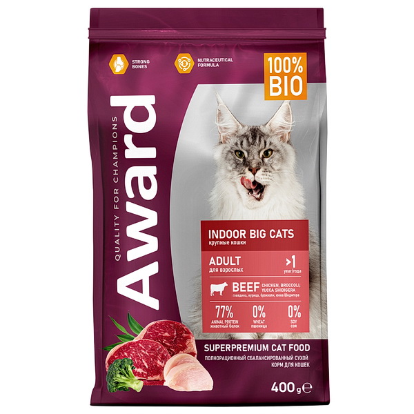 Сухой корм AWARD Indoor Big cats д/дом кошек круп пород с говядиной,курицей,брокк и юкки Шидиг 400гр