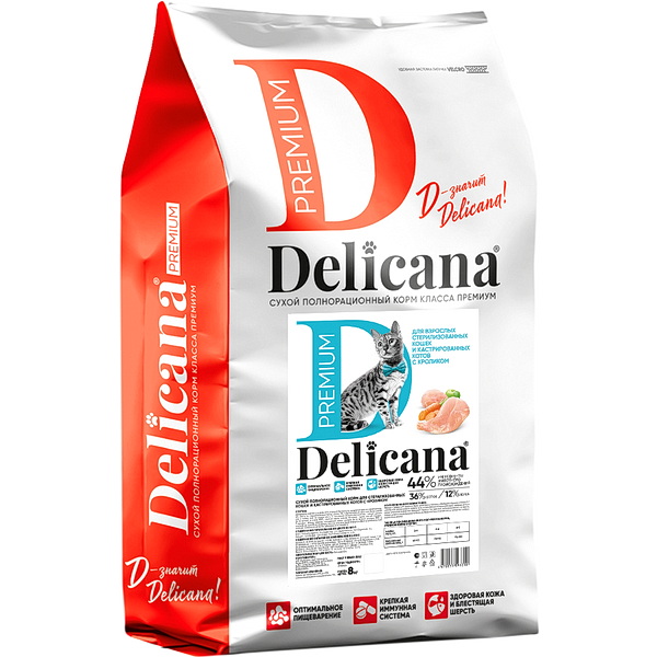 DELICANA сухой полнорационный корм для стерилизованных кошек и кастрированных котов с кроликом 8 кг/