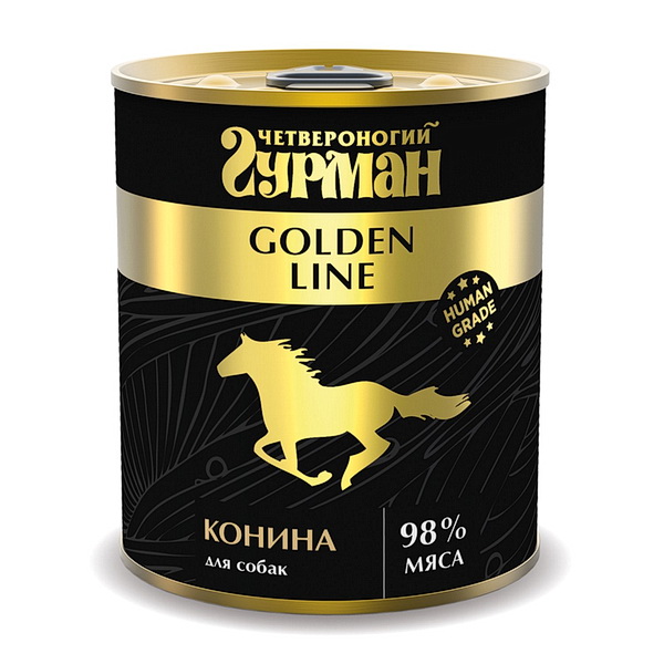 Четвероногий Гурман Golden line Конина натуральная влажный корм для собак жестяная банка 0,34 кг