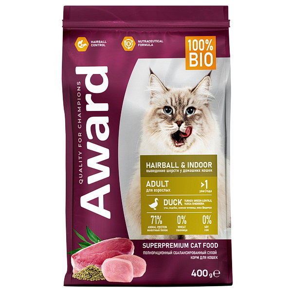 Сухой корм AWARD Hairball & Indoor для/кошек д/вывед.шерсти с уткой,индейкой,зел чечев,юкки 400гр