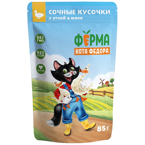 Мнямс влажный корм д/кошек 85г Ферма кота Фёдора сочные кусочки в желе, утка