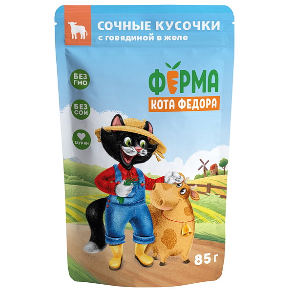 Мнямс влажный корм д/кошек 85г Ферма кота Фёдора сочные кусочки в желе, говядина