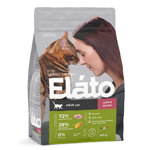 Elato Holistic корм для взрослых кошек с ягненком и олениной, 300г