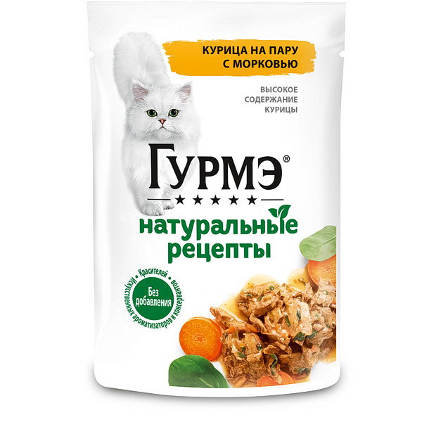 Gourmet Натуральные рецепты д/кошек 75г влажный корм из курицы с морковью пауч
