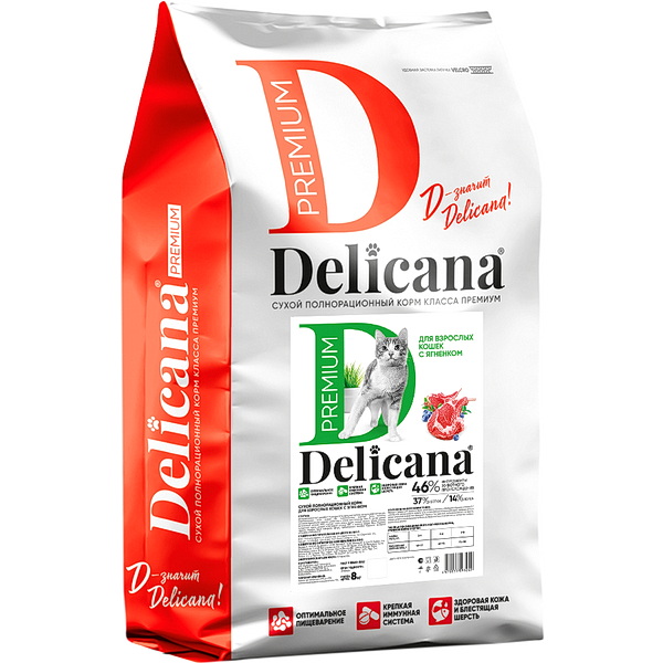DELICANA сухой полнорационный корм для взрослых кошек  с ягненком 8 кг/1*1