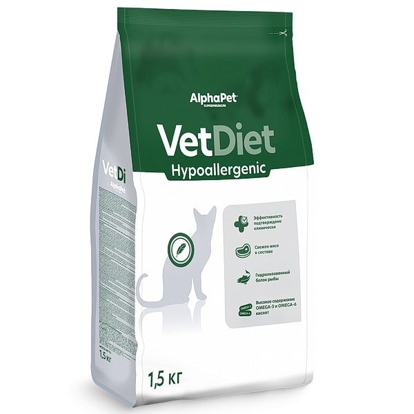 AlphaPet Vet Diet сух.корм д/кош.при пищевой аллергии и непереносимости ингредиентов, 1,5кг