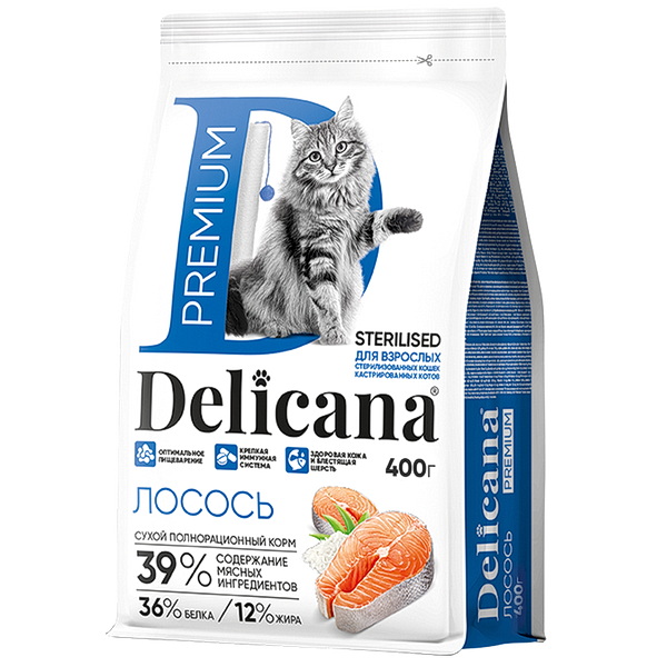 DELICANA сухой полнорационный корм для стерилизованных кошек и кастрированных котов с лососем 400 г/