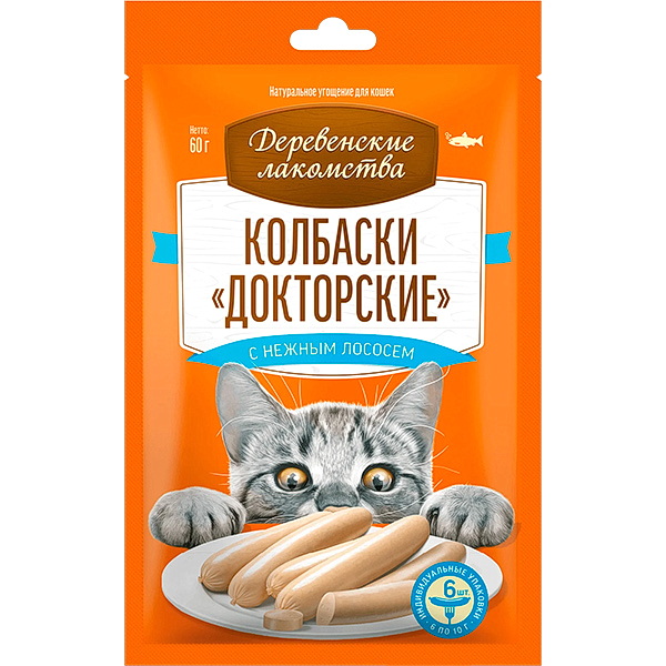 Деревенские лакомства д/кош Колбаски Докторские с нежным лососем 6*10г