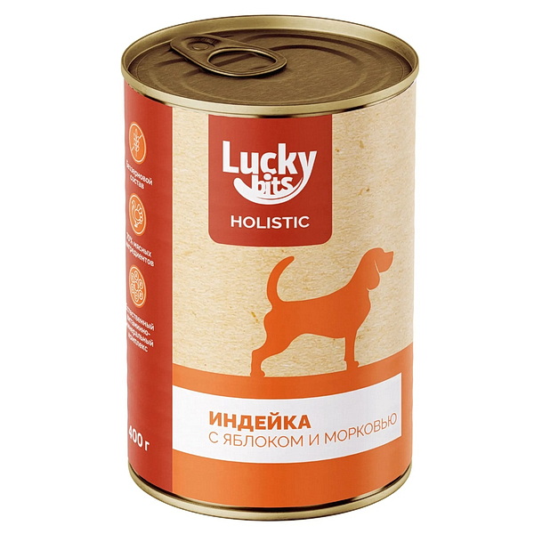 Консервы для собак всех пород с 6 мес. Lucky bits индейка с яблоком и морковью, 400 г