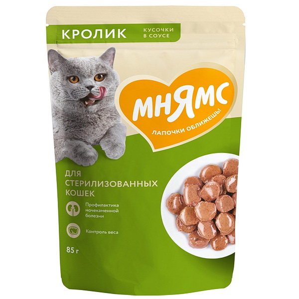 Влажный корм Мнямс Кусочки в соусе с кроликом для стерилизованных кошек 85г (33085)