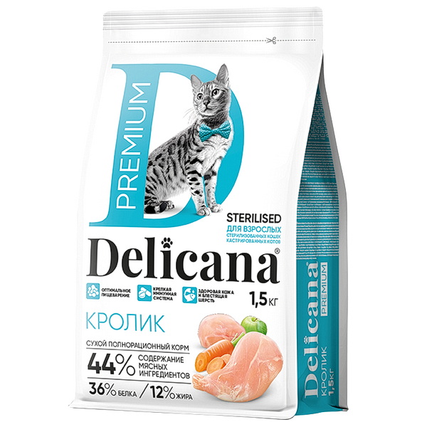 DELICANA сухой полнорационный корм для стерилизованных кошек и кастрированных котов с кроликом 1,5 к