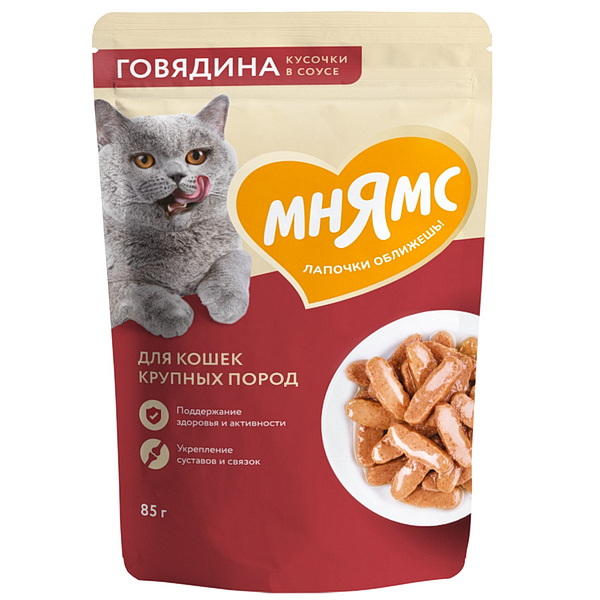 Влажный корм Мнямс Кусочки в соусе с говядиной для крупных кошек 85г (34028)