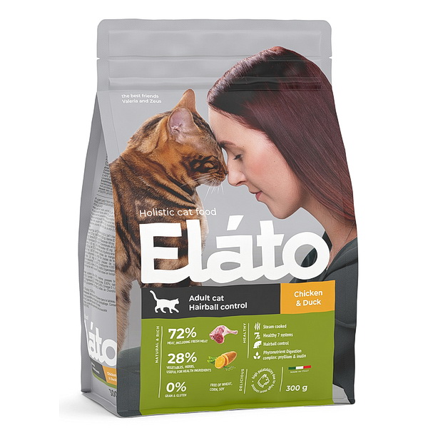 Elato Holistic корм для взрослых кошек с курицей и уткой / для выведения шерсти, 300г