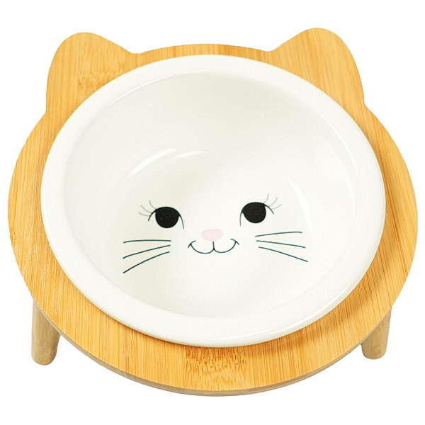 Миска Mr.Kranch Bamboo для кошек керамическая белая на бамбуковой подставке 400 мл	