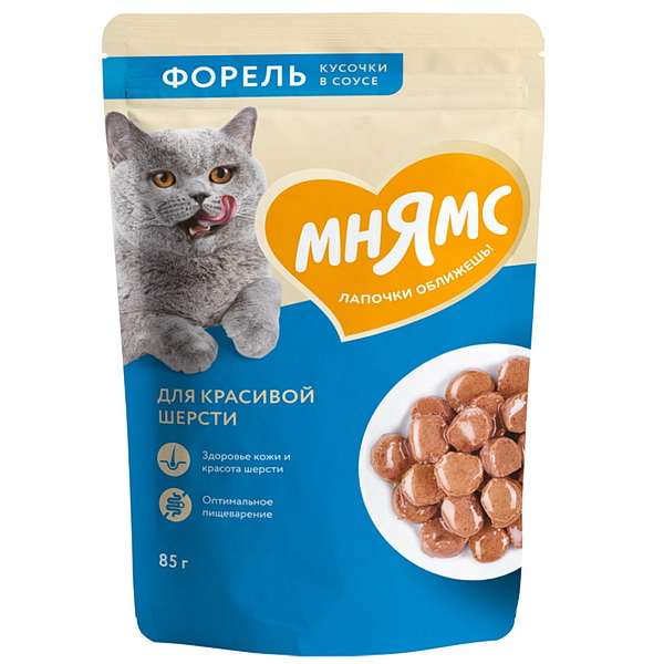 Влажный корм Мнямс Кусочки в соусе с форелью для красивой шерсти кошек 85г 