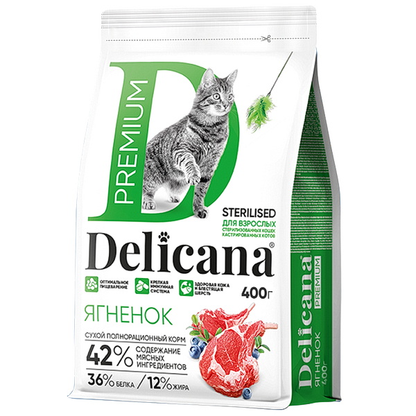 DELICANA сухой полнорационный корм для стерилизованных кошек и кастрированных котов с ягненком 400 г