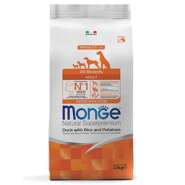 Monge д/собак 2,5кг сухой корм утка,рис,картофель