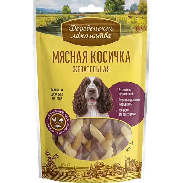 Деревенские лакомства д/соб. Мясная косичка жевательная, 90г