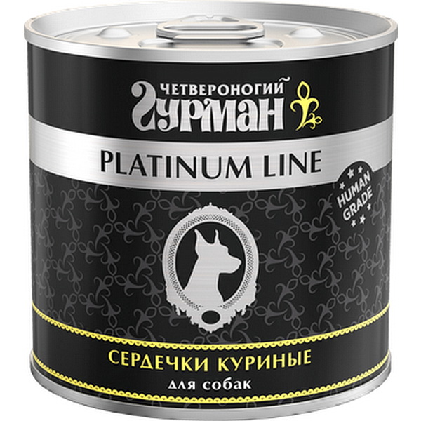 Четвероногий Гурман Platinum line Сердечки куриные в желе влажный корм для собак жестяная банка 0,24