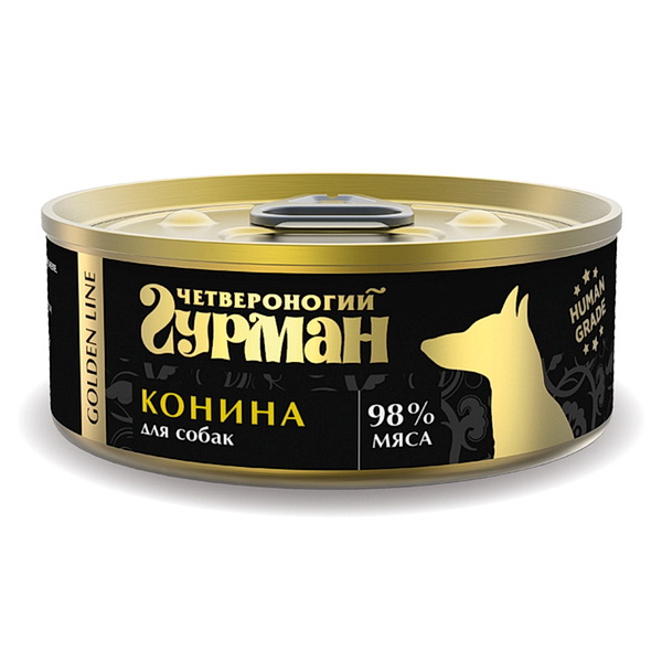 Четвероногий Гурман Golden line Конина натуральная влажный корм для собак жестяная банка 0,1 кг
