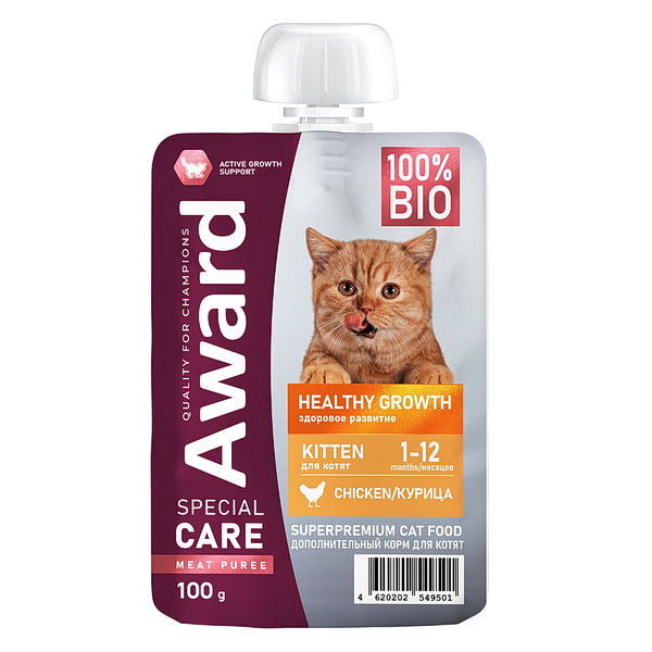 Влажный дополнительный корм AWARD SPECIAL CARE Healthy growth пюре для котят от 1 месяца из мяса курицы 100 г
