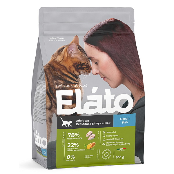 Elato Holistic корм для взрослых кошек с рыбой / для красивой и блестящей шерсти, 300г