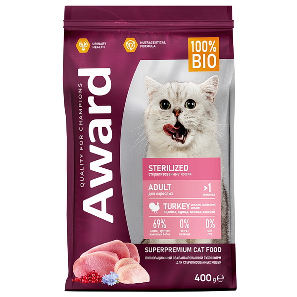Сухой корм AWARD Sterilized д/стер кошек с индейкой,курицей,клюква, цикор 400гр