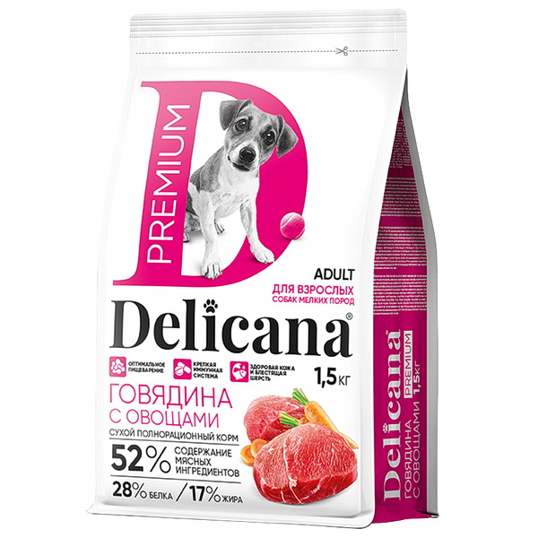 Delicana сухой полнорационный корм для взрослых собак мелких пород с говядиной и овощами 1,5 кг