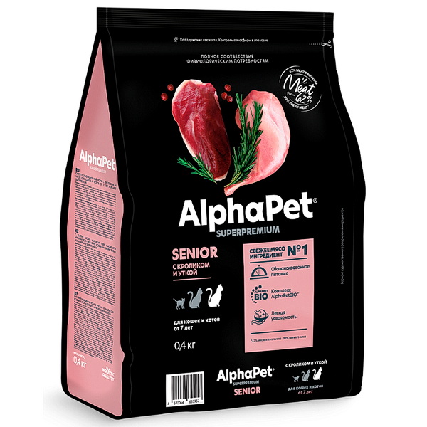 AlphaPet сухой корм д/кошек и котов от 7 лет с кроликом и уткой, 0,4кг