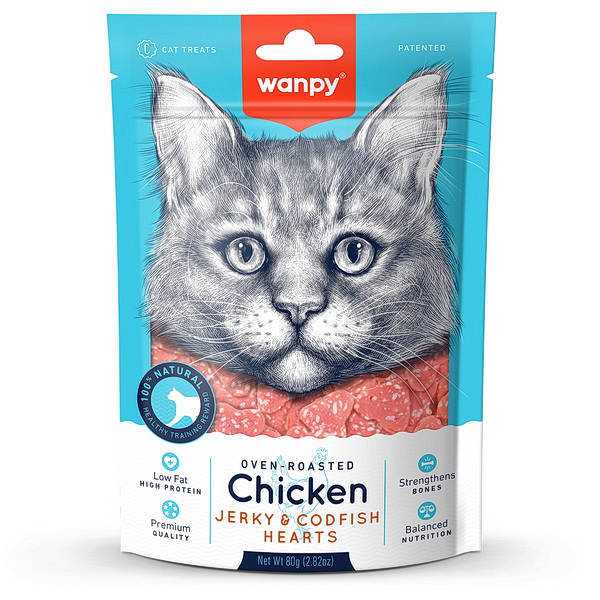Wanpy Cat Лакомство для кошек «сердечки» из курицы с треской 80 г	