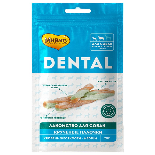 Мнямс DENTAL 70г лакомство д/собак "Крученые палочки" ягненок,мята