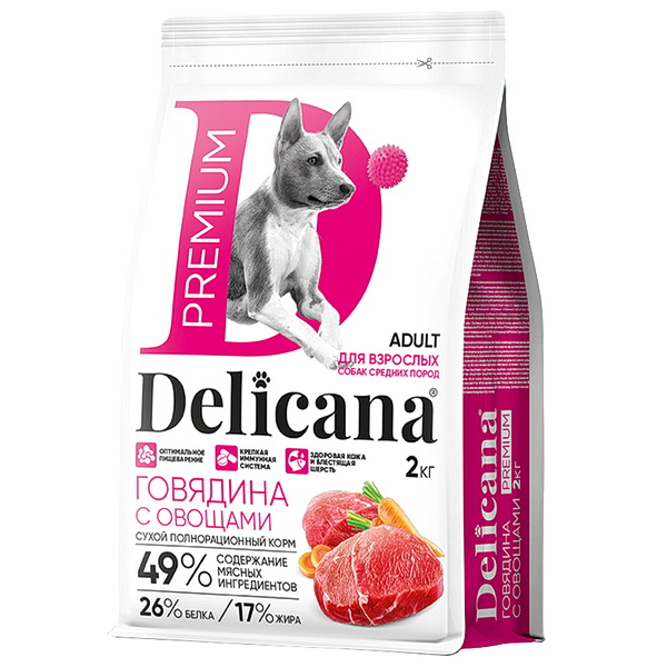 Delicana сухой полнорационный корм для взрослых собак средних пород с говядиной и овощами 2 кг/1*6