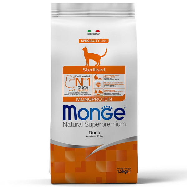 Monge д/кошек 1,5кг сухой корм д/стерилизованных утка
