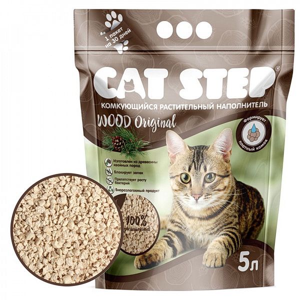 CAT STEP  для кошек  5л Наполнитель комкующийся растительный Wood Original,	
