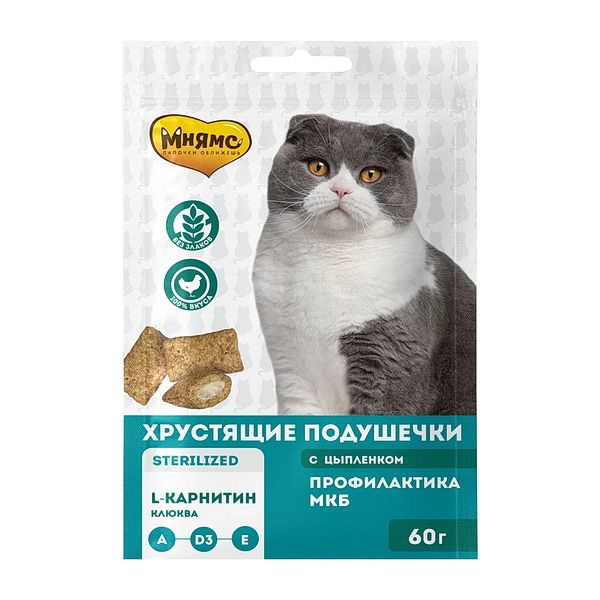 Мнямс д/кошек 60г хрустящие подушечки д/стерилизованных с цыпленком и клюквой Профилактика МКБ
