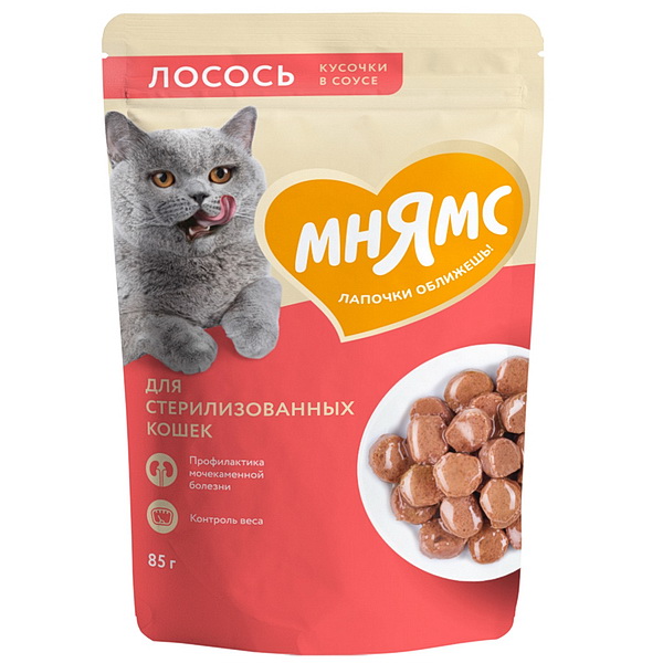 Влажный корм Мнямс Кусочки в соусе с лососем для стерилизованных кошек 85г 