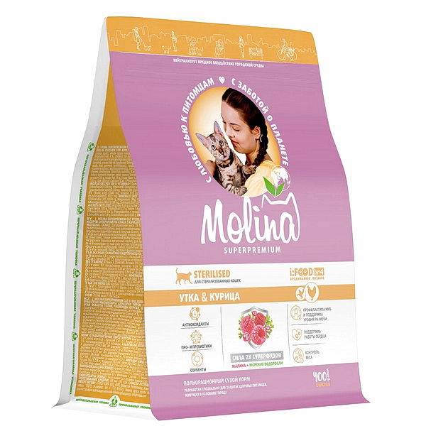 MOLINA, Сух корм с уткой и куриц для взр.стерилиз.кошек,CAT STERILISED.DUCK&CHICKEN,0.4 кг