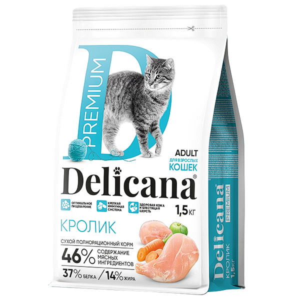DELICANA сухой полнорационный корм для взрослых кошек с кроликом 1,5 кг/1*6
