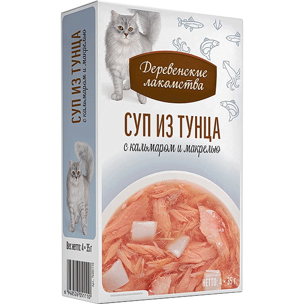 Деревенские лакомства д/кош пауч суп из тунца с кальмаром и макрелью 35г*4шт