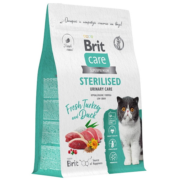 Brit Care д/кошек 400г сухой корм д/стерилизованных, индейка, утка