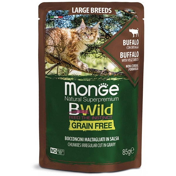 Monge BWild д/кошек 85г влажный корм д/крупных пород из буйвола с овощами пауч
