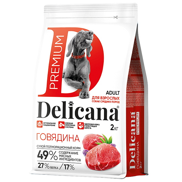 Delicana сухой полнорационный корм для взрослых собак средних пород с говядиной 2 кг/1*6