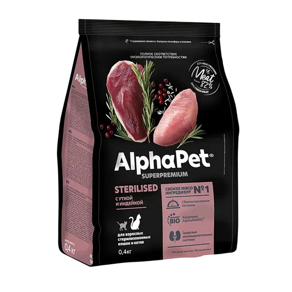 АльфаПет сухой корм д/кошек стерилиз. (Утка, Индейка), 0,4 кг